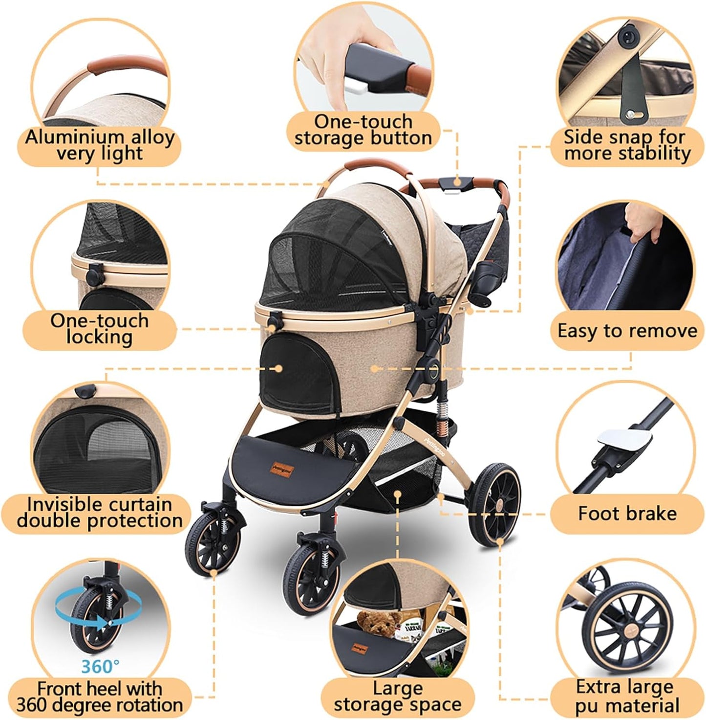 Dog stroller with 4 Wheels, Folding Cat Stroller for Small/Medium/Large dogs & cats to 60 lbs, pet stroller with removable carrier