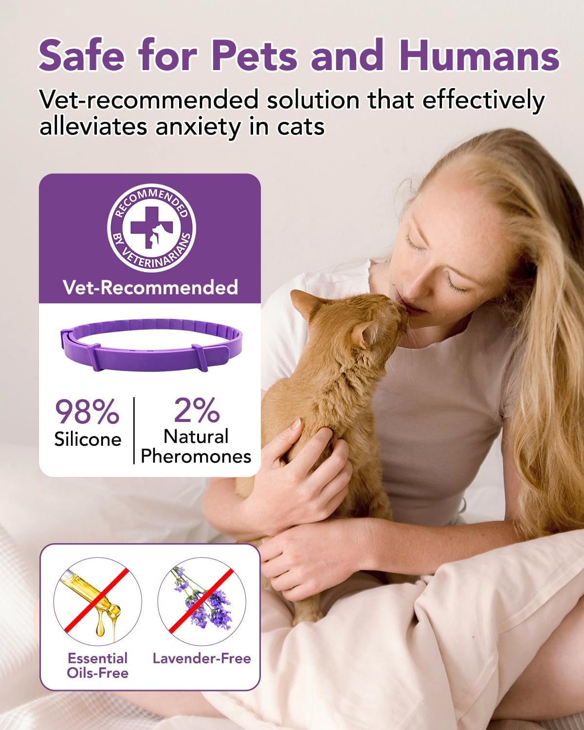 Calming Collar for Cats -4 Pack Soother Cats Calming Collars Anxiety Relief Stress Drug-Free & Lavender-Free -Adjustable for Small, Medium Large Cat -Natural Ingredients Pheromones Rapid Effect Purple