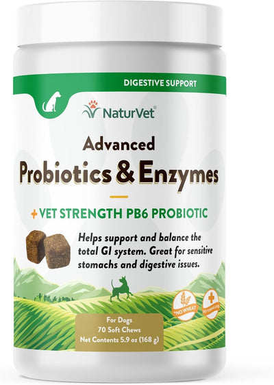 Garmon Corp NaturVet Advanced Probiotics & Enzymes Plus Vet Strength PB6 Probiotic for Dogs, 70 ct Soft Chews, Made in USA