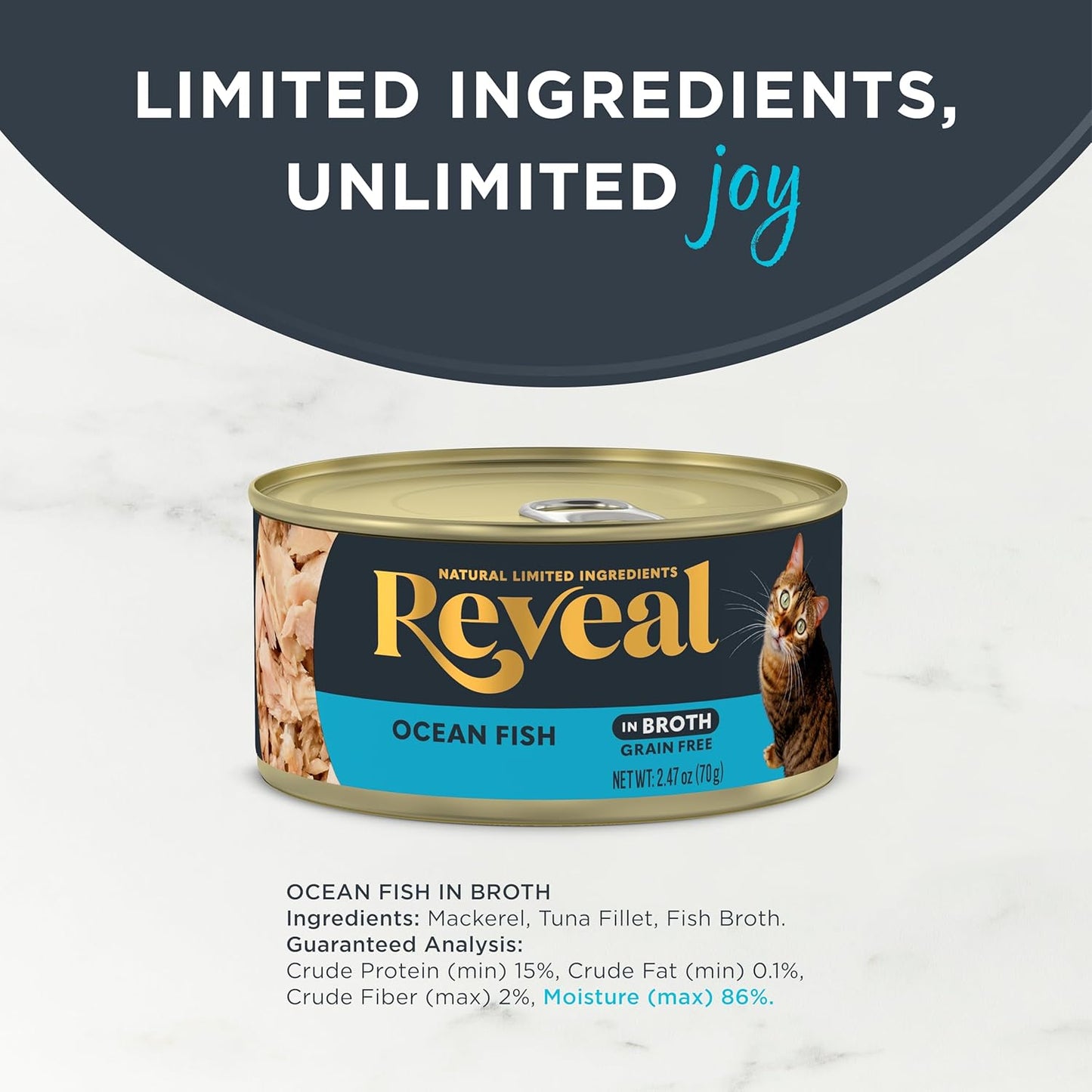 Reveal Natural Wet Cat Food, 24 Count, Grain Free, Limited Ingredient Canned Food for Cats, Ocean Fish in Broth, 70g Tins