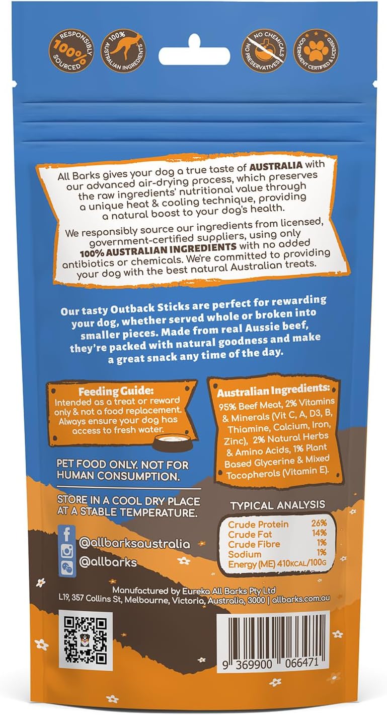 Outback Sticks - 100% Real Aussie Beef - Natural, Grain-Free, Australian Dog Treats - Snacks, Treats & Rewards for Your Dog - 110g - Approx 8 Sticks per Bag