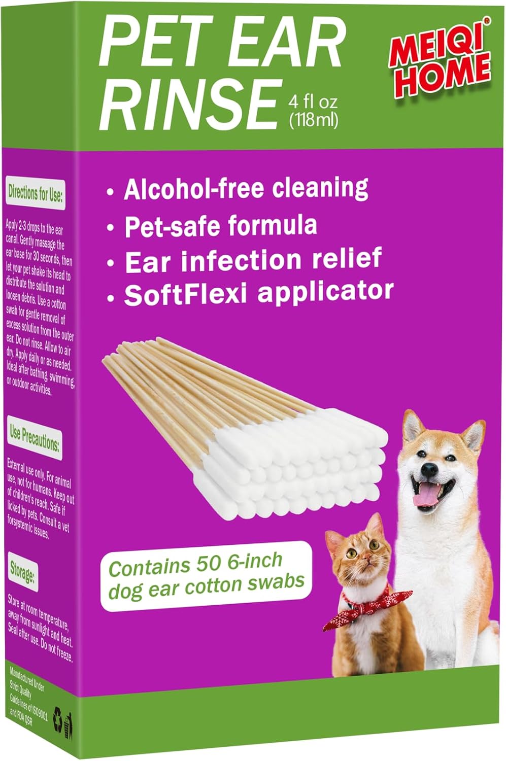 MEIQIHOME Ear Cleaner for Dogs and Cats Soothes. Includes 50 Cotton Swabs, 4 Fl oz
