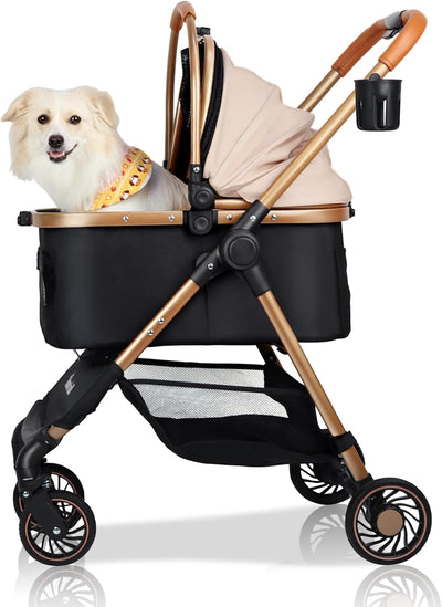 3-in-1 Pet Stroller for Small Dogs & Cats up to 33lbs, One-Touch Fold 4-Wheel Cart with Removable Carrier, Rear Brake & Storage Basket