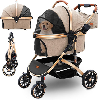 Dog stroller with 4 Wheels, Folding Cat Stroller for Small/Medium/Large dogs & cats to 60 lbs, pet stroller with removable carrier