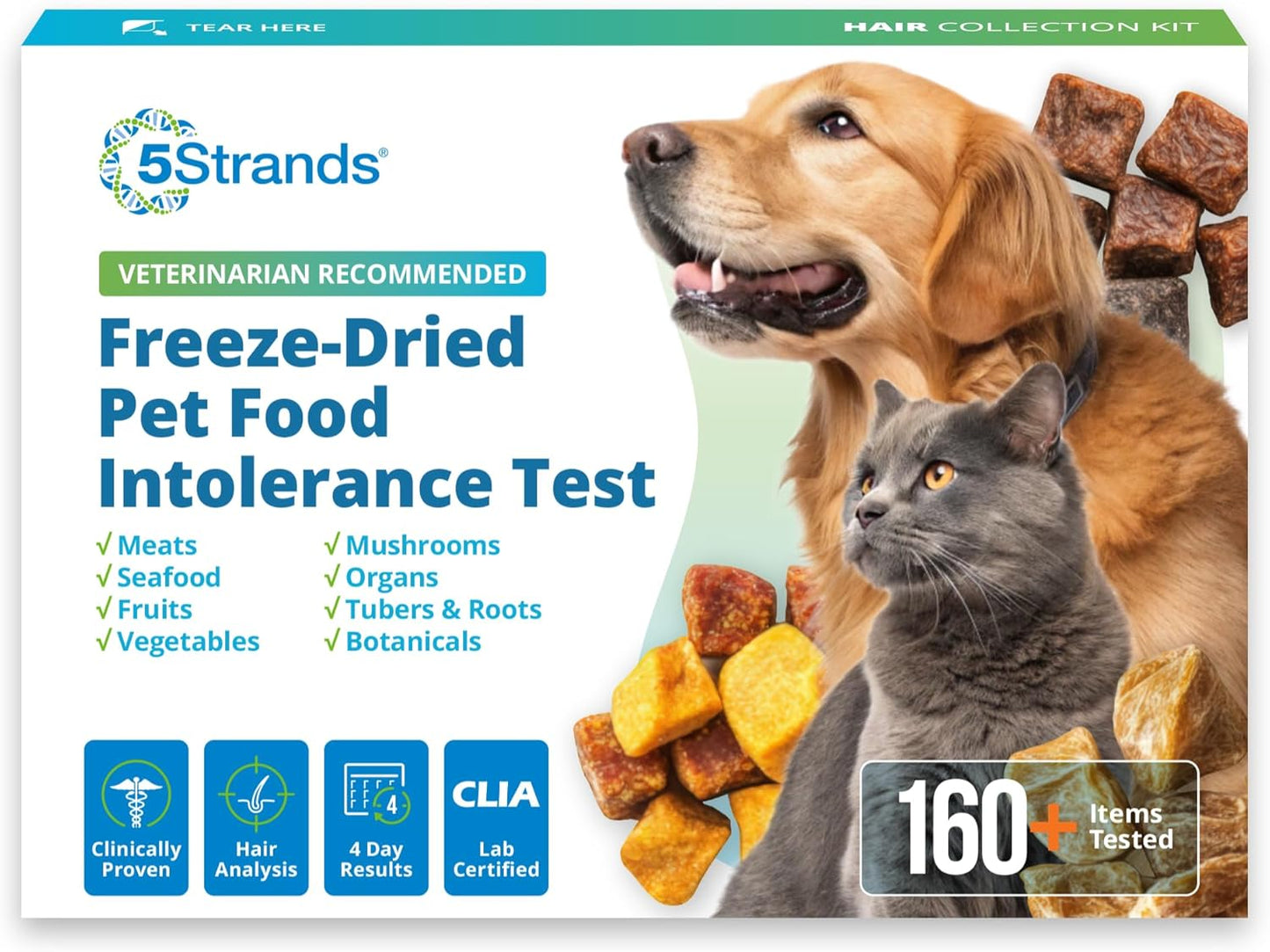 5Strands Freeze Dried Pet Food Intolerance Test for Dogs & Cats, Identify Food Ingredients Behind Gut Discomfort & Skin Issues, at-Home Hair Sample Collection Process, Non-Invasive, Results in 4 Days