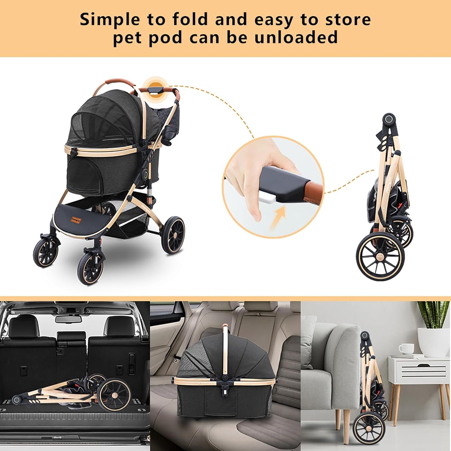 Dog stroller with 4 Wheels, Folding Cat Stroller for Small/Medium/Large dogs & cats to 60 lbs, pet stroller with removable carrier, Storage Basket,Cup Holder,3 in1 Multifunctiona Detachable