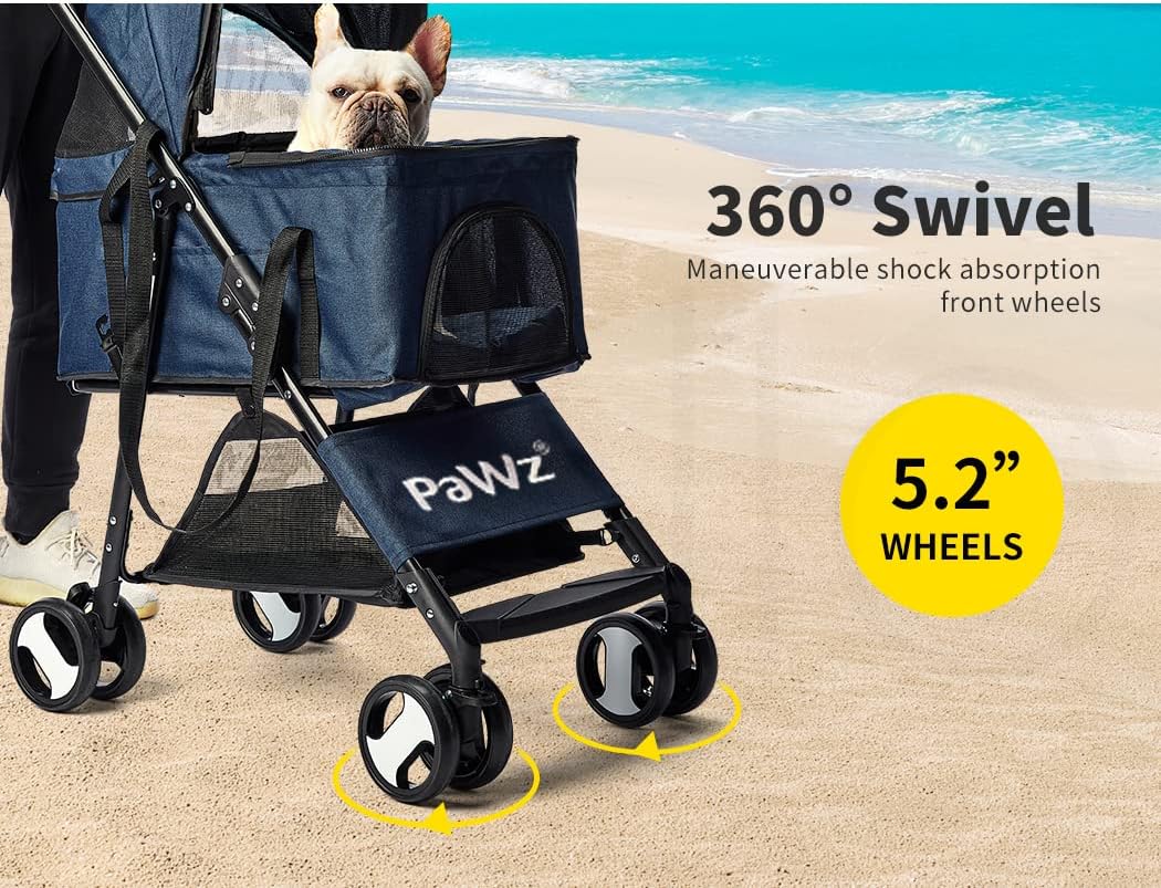 PaWz Large Pet Stroller - Dog Cat Carrier Pushchair, Foldable Pram 4 Wheels Blue