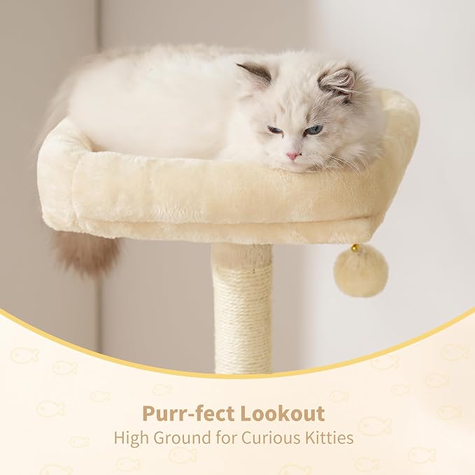 Heybly Cat Tree, 125 cm Cat Tower for Indoor Cats, Spacious Cat House Condo with Hidden Space，Sturdy Steel Tube，Soft Plush Top Perch，Cozy Hammock and Sisal Scratching Posts, Beige HCT200SM