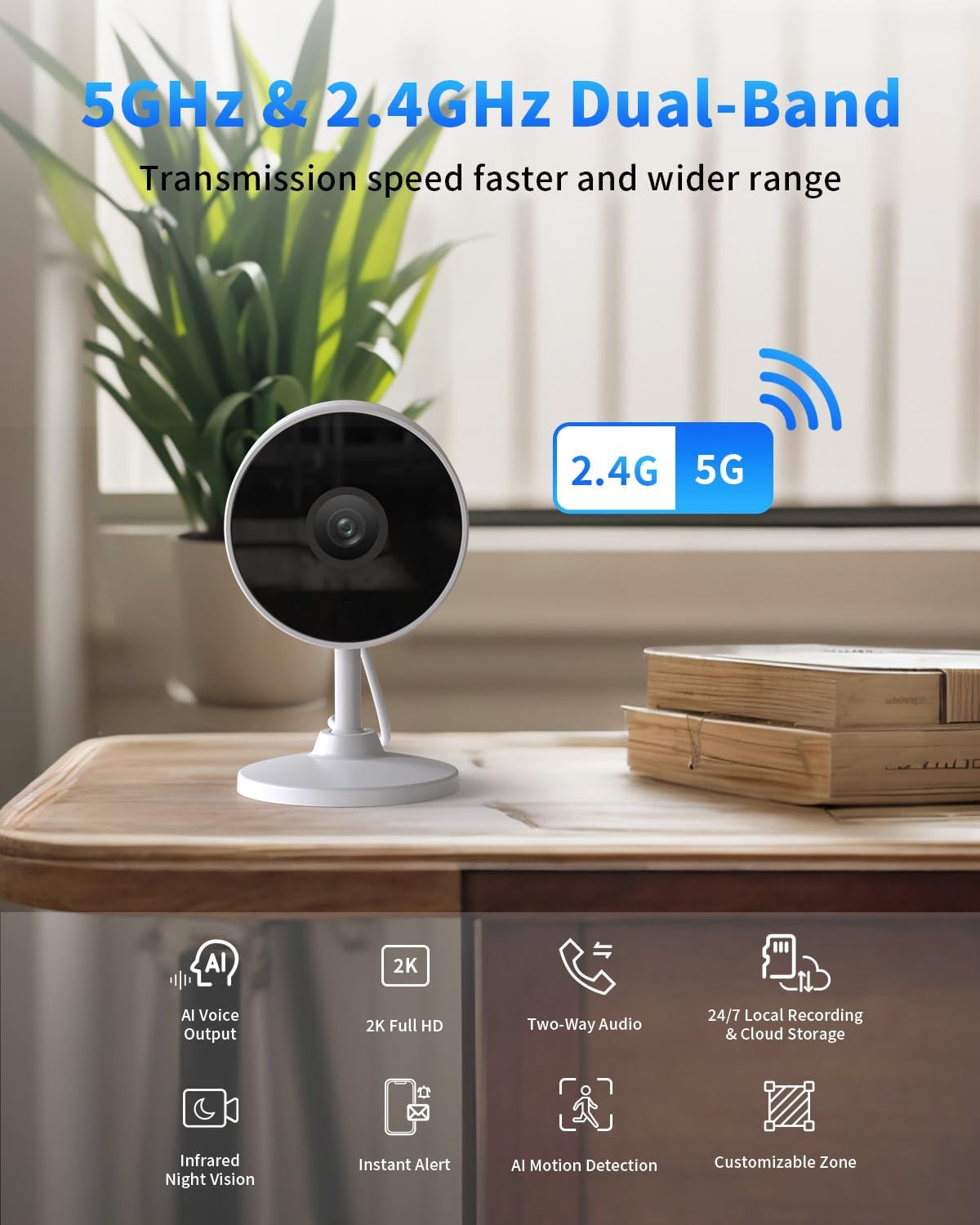 [5G & 2.4G] 2K Indoor Security Cameras for Home Security, AI Voice Change for 2-Way Talk, Motion Detection, Night Vision