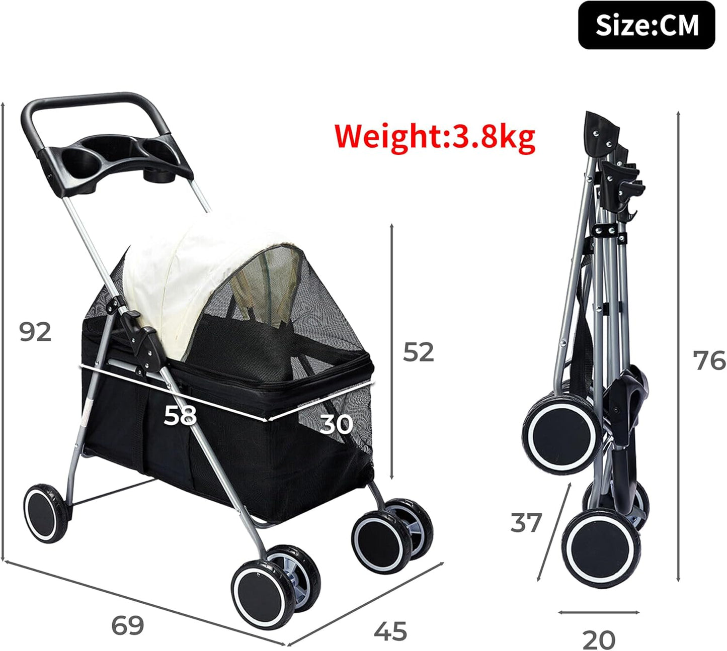 PaWz 4 Wheels Foldable Pet Stroller Dog Cat Travel Carrier Large Black