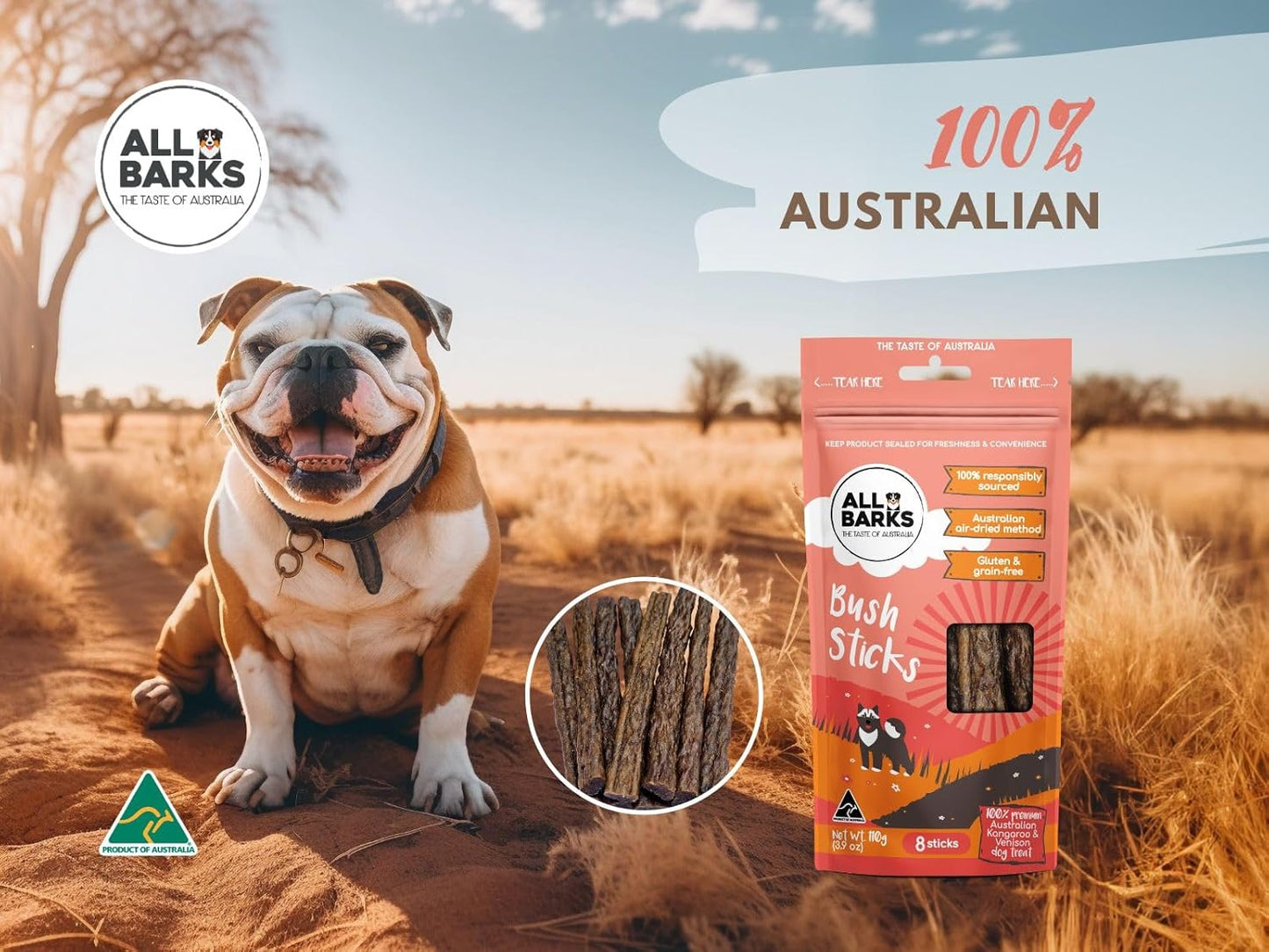 Bush Sticks - 100% Aussie Venison & Kangaroo - Natural, Grain-Free - 8 Sticks per Bag
