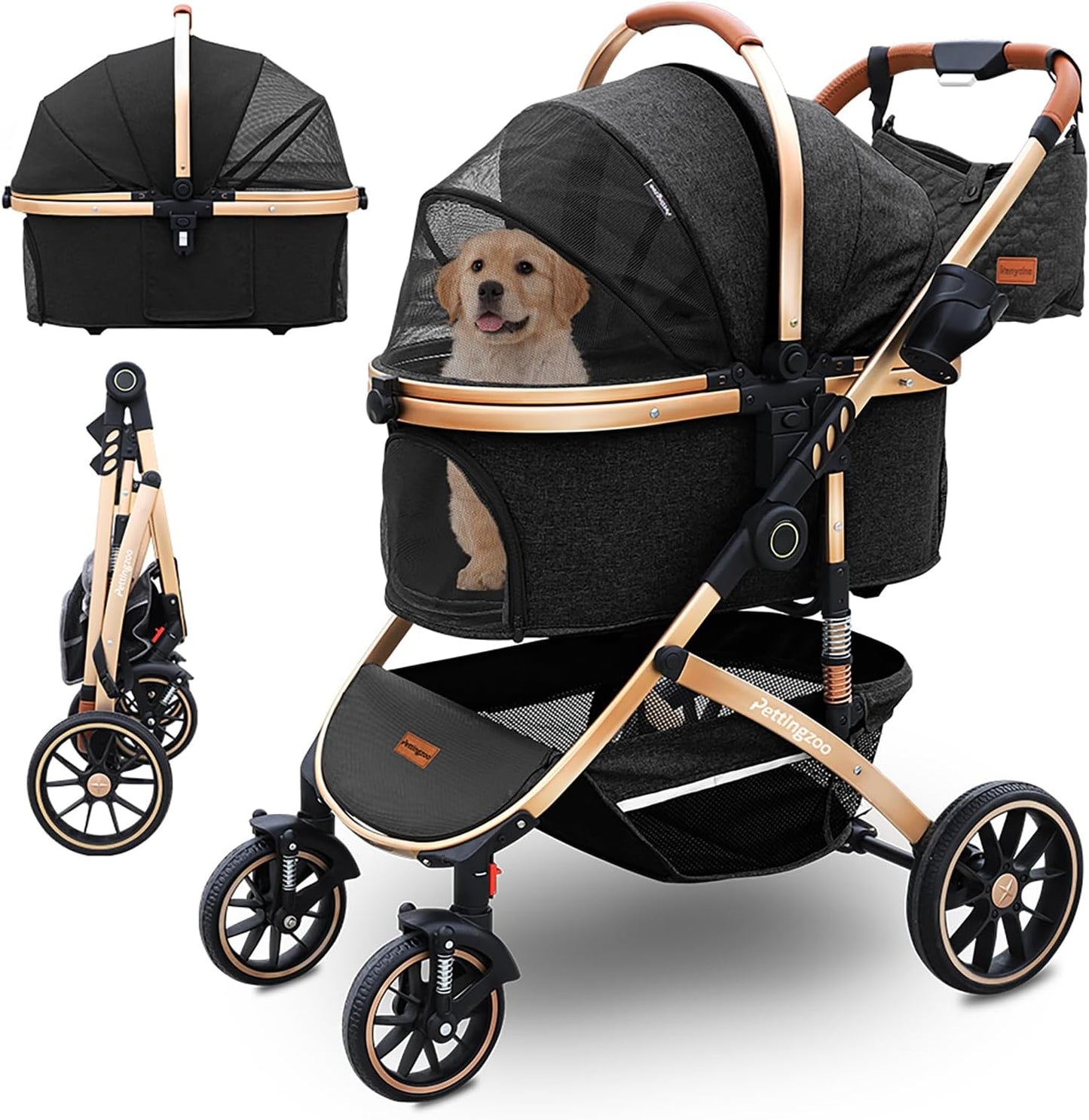 Dog stroller with 4 Wheels, Folding Cat Stroller for Small/Medium/Large dogs & cats to 60 lbs, pet stroller with removable carrier, Storage Basket,Cup Holder,3 in1 Multifunctiona Detachable