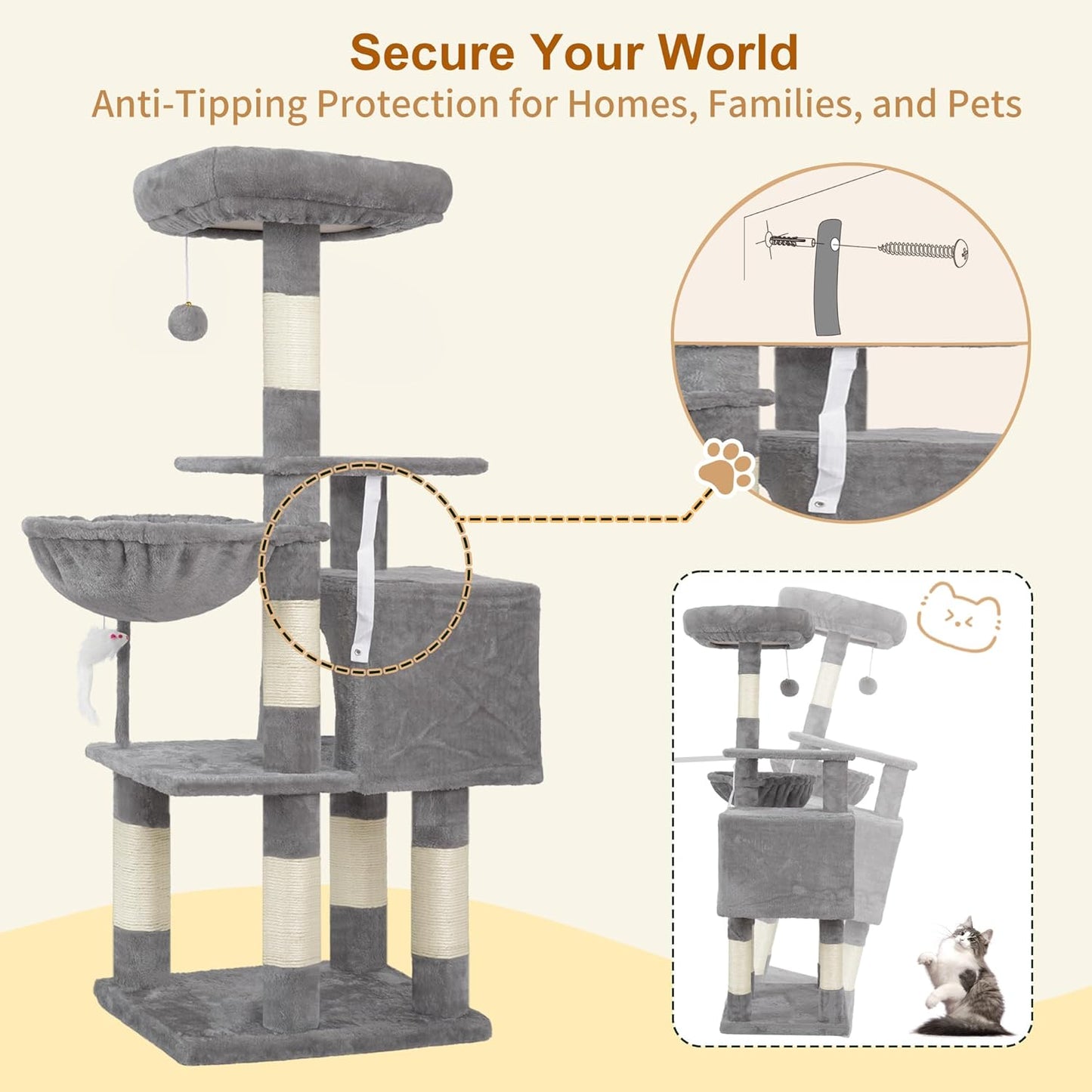 Heybly 110cm Cat Tree with Toy, Cat Tower for Indoor Cats, Cat Play Tower with Padded Plush Perch, Grey