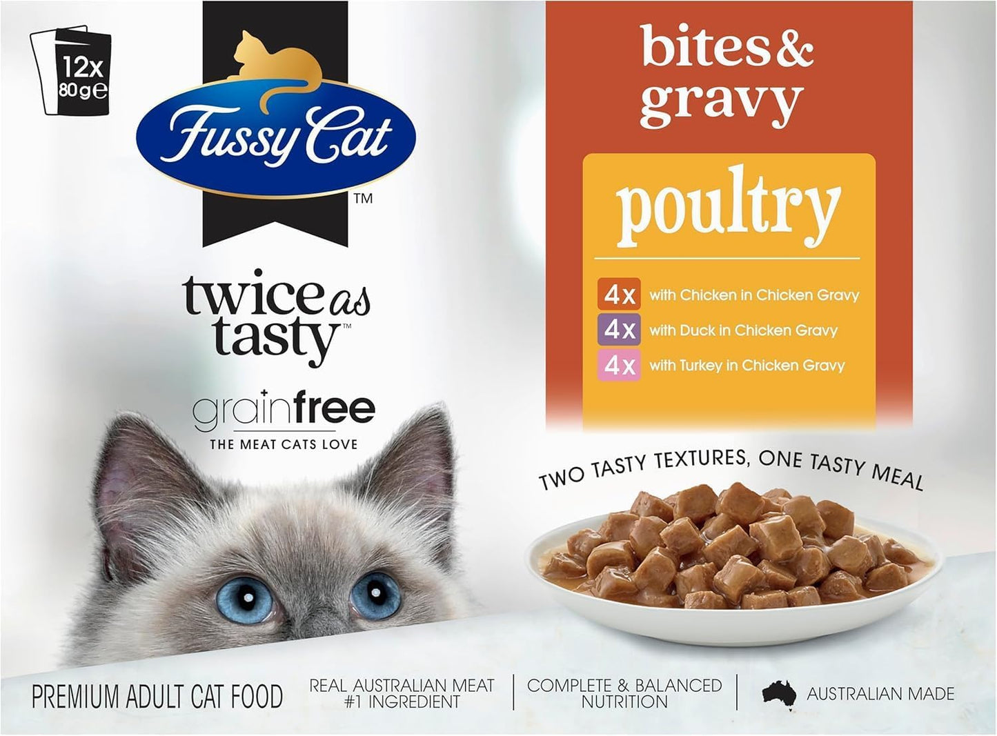 Fussy Cat Grain Free Adult Twice as Tasty Wet Cat Food, Bites & Gravy Poultry 12x80g