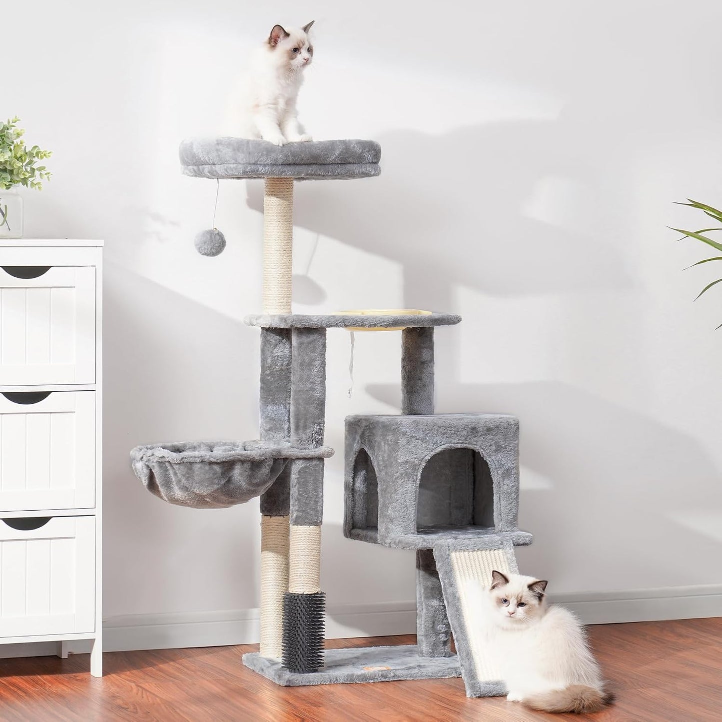 Heybly Cat Tree with Cat Self Groomer Brush, Cat Tower Condo for Indoor Cats ,Light Grey