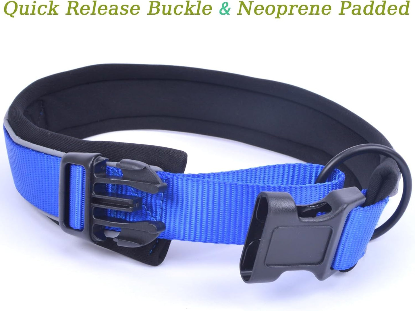 Adjustable Reflective Personalised Thick Dog Collar 1.6 Inch 4 CM Wide with Quick Release Buckle Soft Neoprene Padded Custom Embroidered Pet Name Phone Number for Boy Girl Small Medium Large Dogs