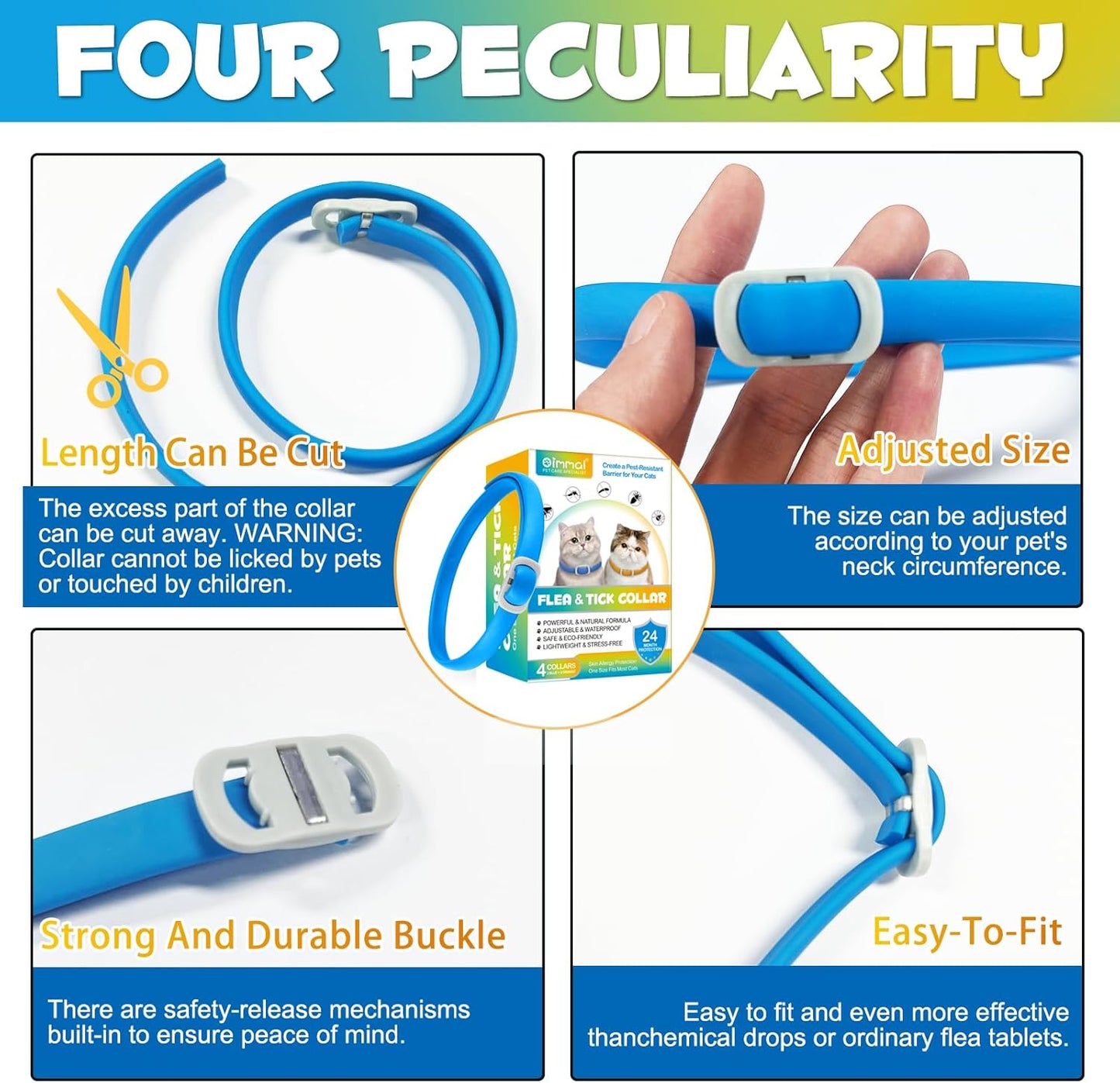 Cat Flea and Tick Collar | 24-Month Flea & Tick Prevention | Adjustable, Water-Resistant & Safe | Natural Ingredients | for Cats of | 4-Pack (Blue and Orange, Normal)