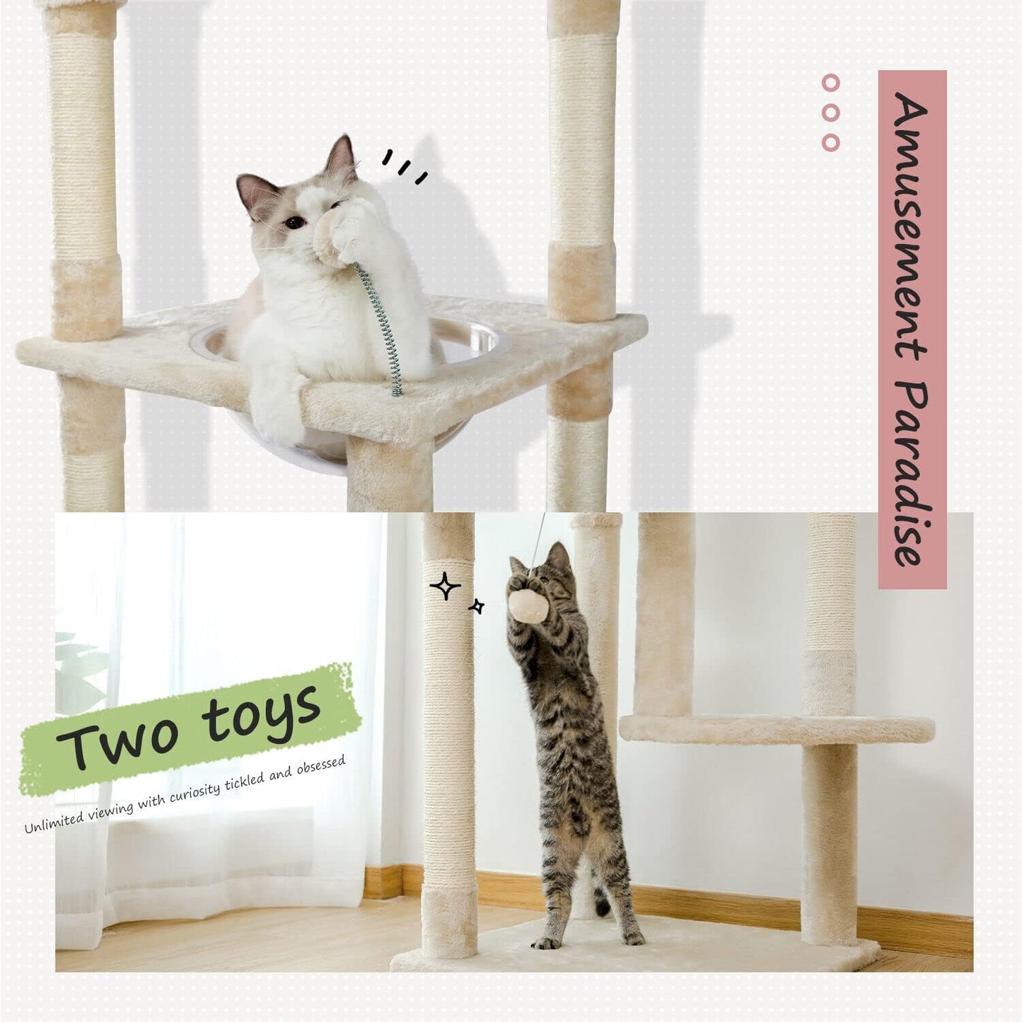 PAWZ Road Large Cat Tree Floor to Ceiling Cat Tower with a Cozy Condo, 6-Tier Cat Climbing Activity Center with Perch and Hammock for Adult Cats Beige