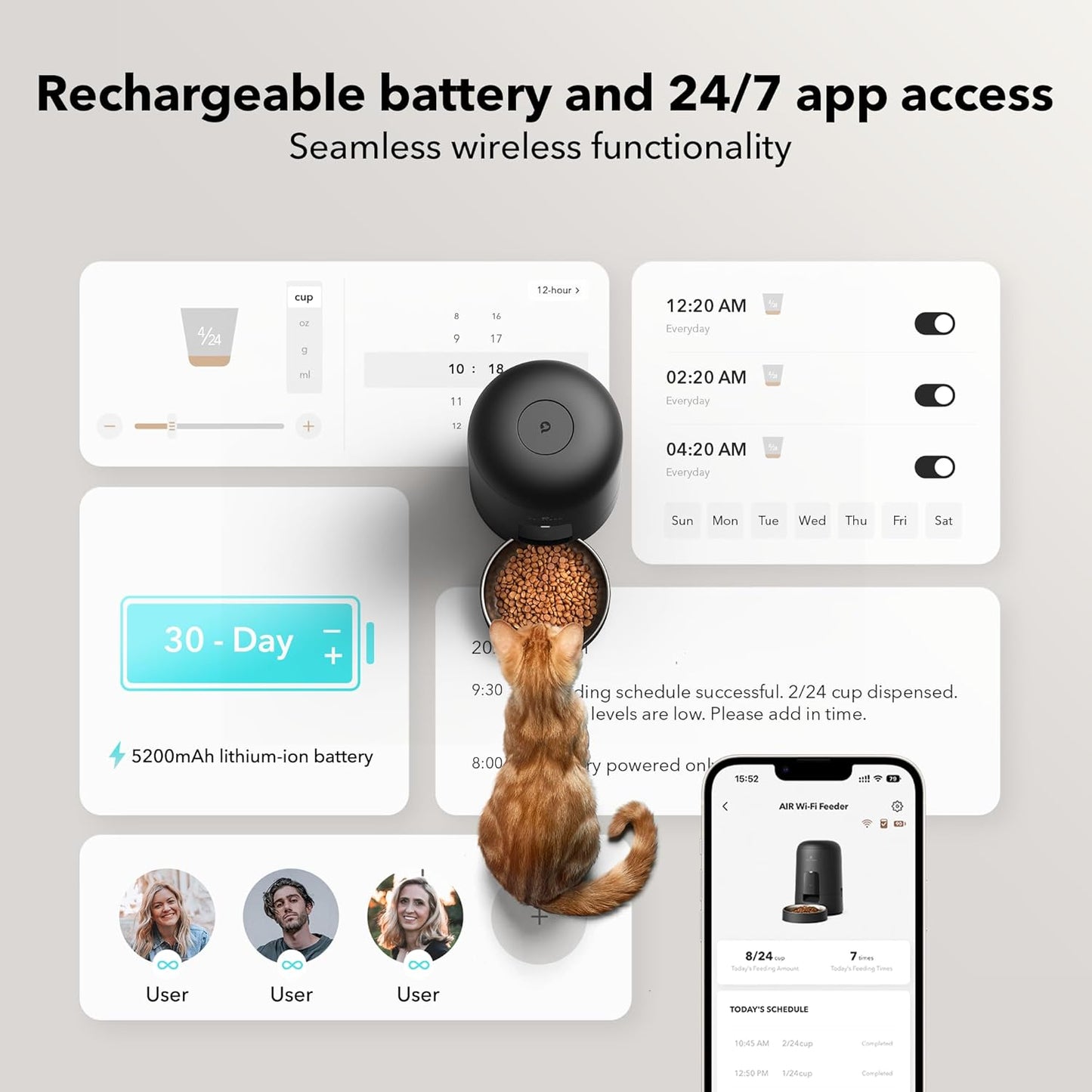 PETLIBRO Automatic Cat Feeder, Wi-Fi Rechargeable Cats Food Dispenser Battery-Operated with 30-Day Life, AIR 2.4G Wi-Fi Timed Pet Feeder for Cats & Dogs, 2L Auto Cat Feeder, Black