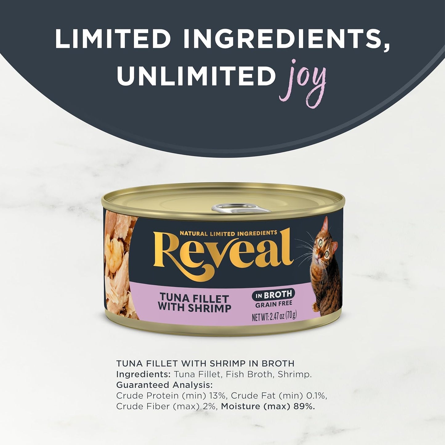 Reveal Natural Wet Cat Food, 24 Count, Grain Free,Tuna with Shrimp in Broth, 70g Tins
