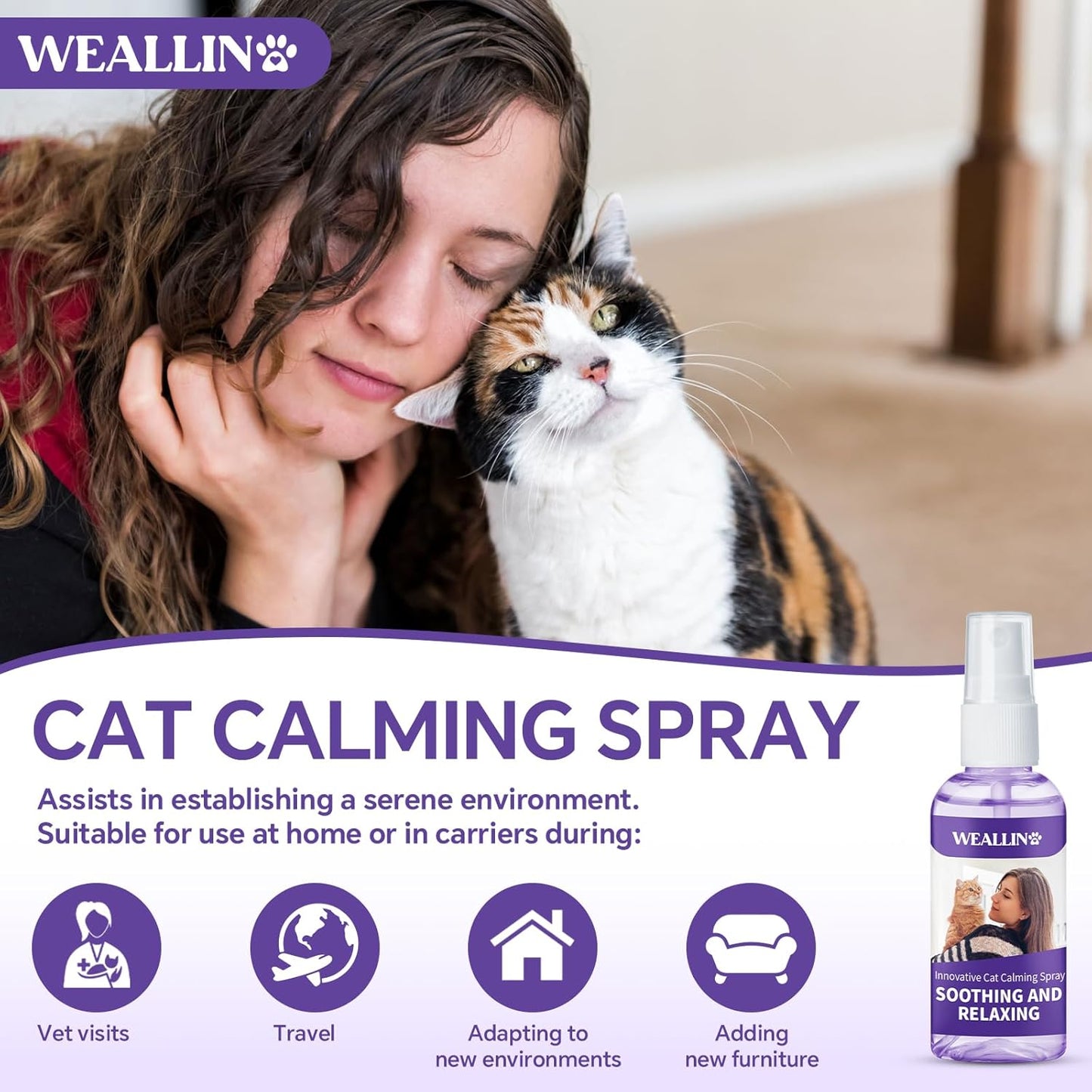 Cats Calming Spray - 2 Pack, Natural Calming Solution for Cats-Cat Facial Pheromone, Reduce Stress, Anxiety, Scratching, Hiding, Suit for Home, Travel, Vet Visits, Protect Furniture, Floors