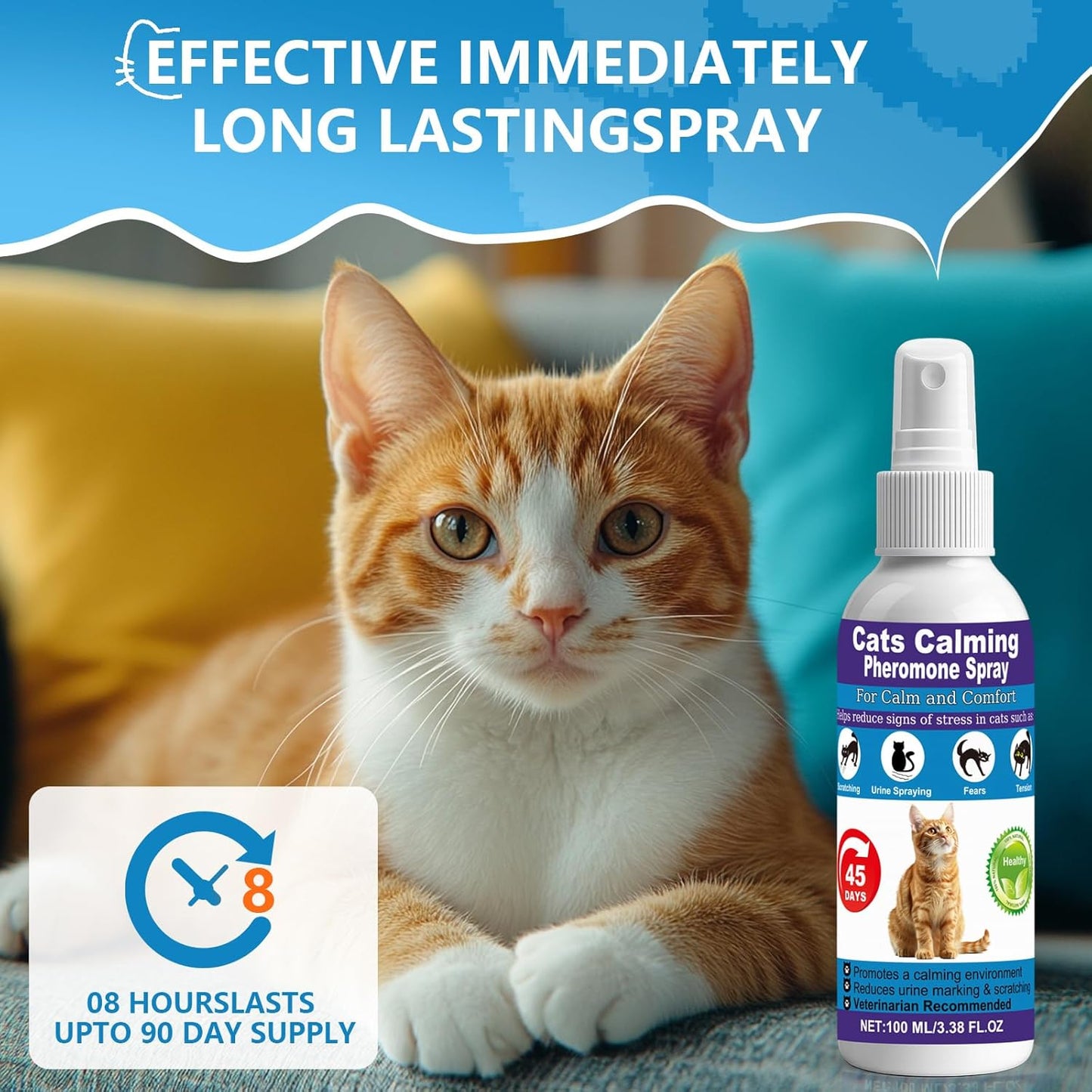 【𝐇𝐢𝐠𝐡𝐥𝐲 𝐄𝐟𝐟𝐞𝐜𝐭𝐢𝐯𝐞】Cat Calming Pheromone Spray for Stress & Anxiety ReliefDrug-Free & Vet Recommended – with F3 Facial Pheromone 6.76oz