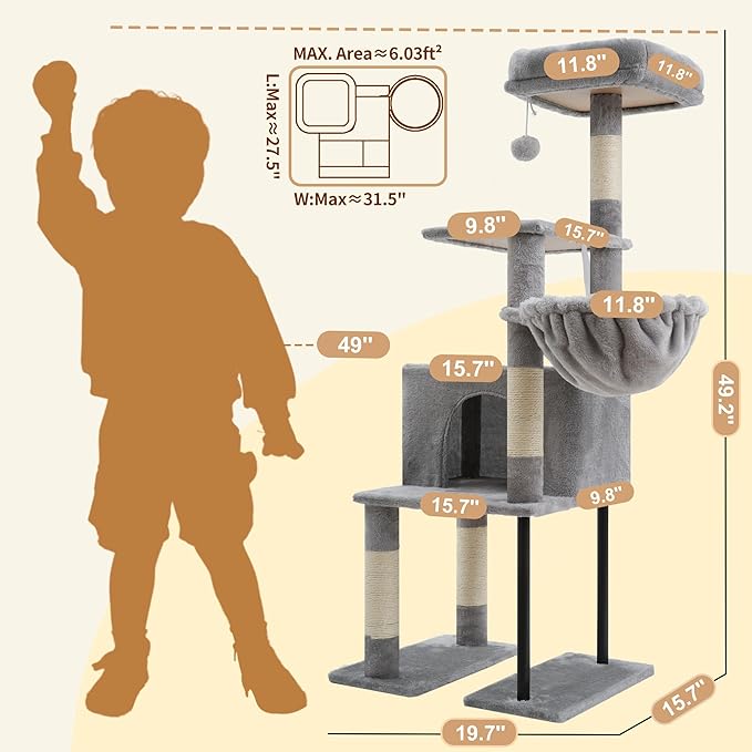 Heybly Cat Tree with Toy, 49.2 inch Cat Tower for Indoor Cats HCT200SW-1 |