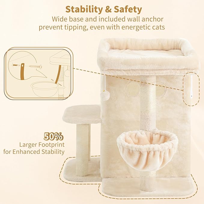 Heybly Cat Tree, 65cm Cat Tower with Spacious Top Perch for Large Cats,Beige