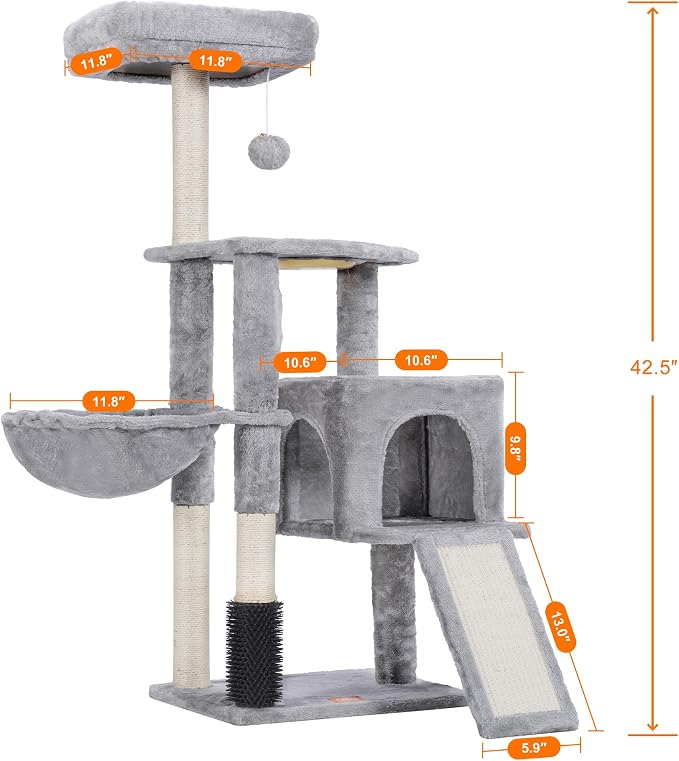 Heybly Cat Tree with Cat Self Groomer Brush, Cat Tower Condo for Indoor Cats ,Light Grey