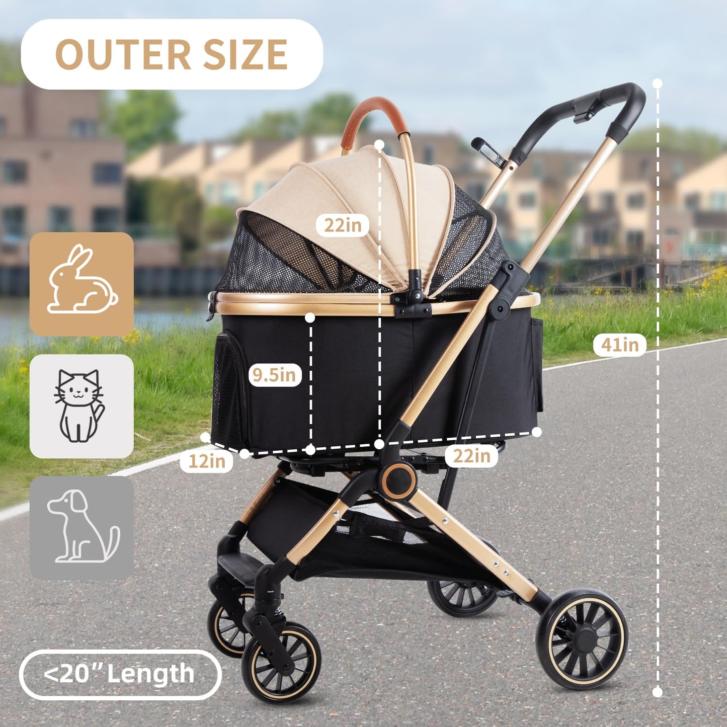 3 in 1 Pet Stroller with 4 Wheels, Foldable Pet Travel Carrier for Small/Medium Dogs Cats up to 50lbs, Detachble Portable Cat Bag, Storage Basket