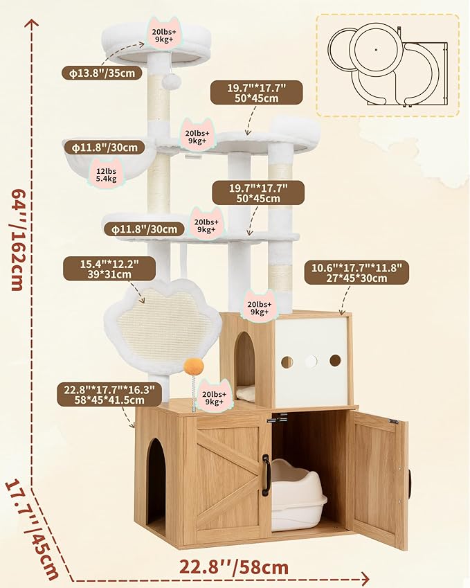 Heybly Cat Tree with Litter Box Enclosure, Modern 162cm Hidden Cat Tower for Indoor Cats,White Oak
