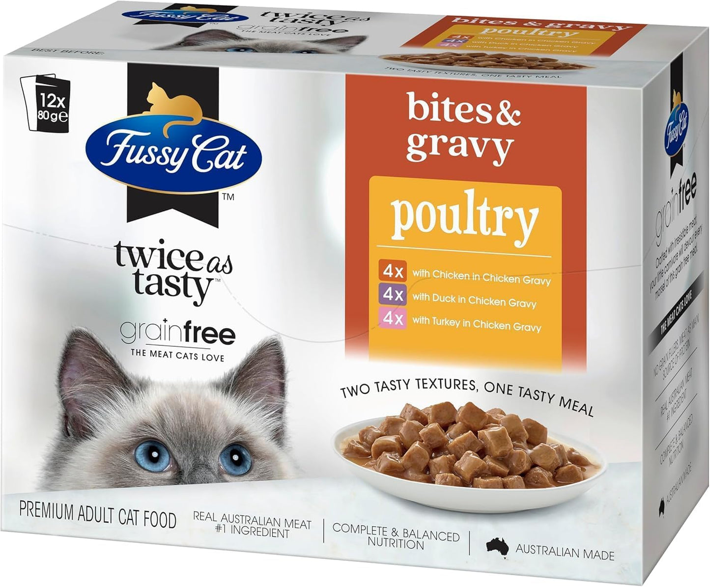 Fussy Cat Grain Free Adult Twice as Tasty Wet Cat Food, Bites & Gravy Poultry 12x80g