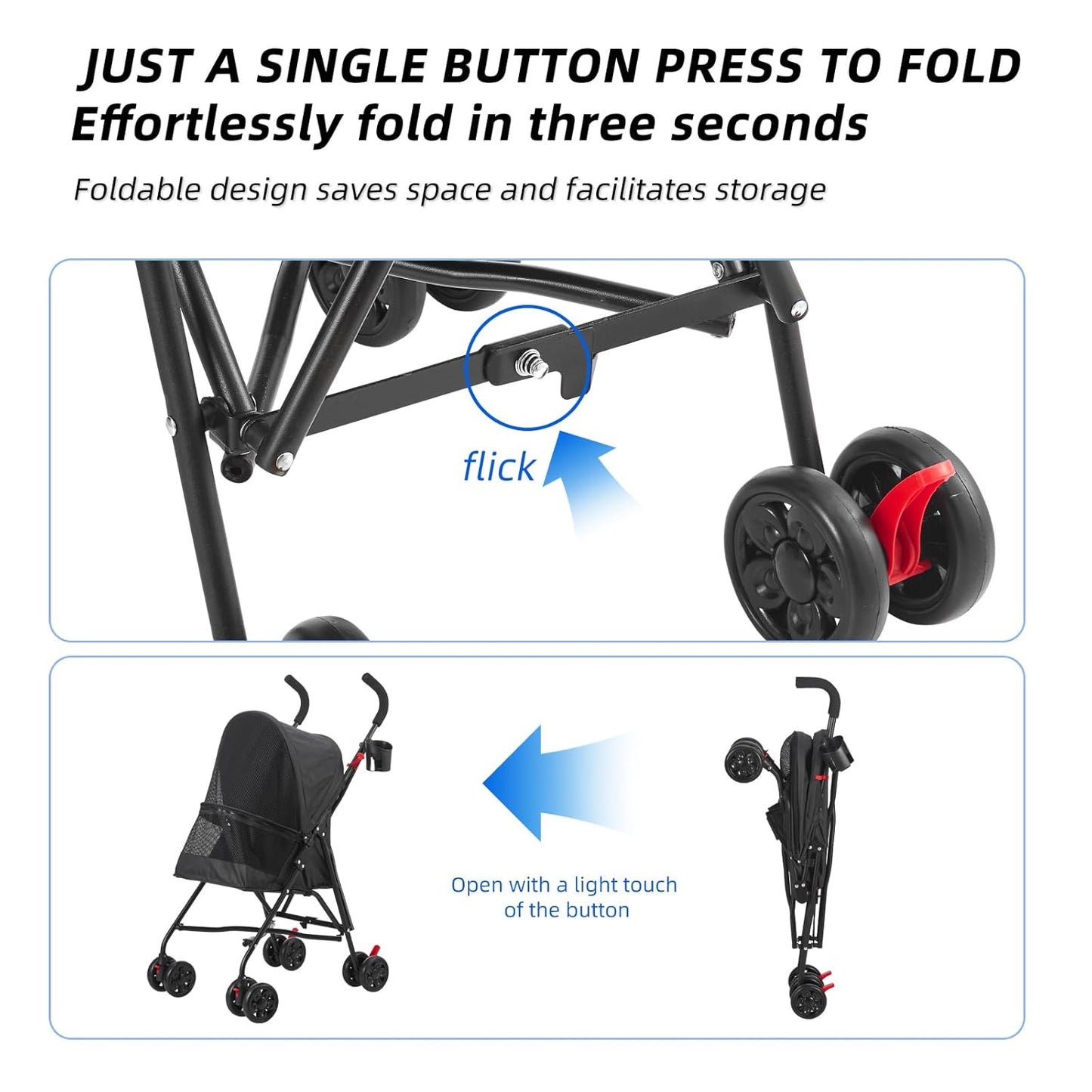 Pet Stroller Oxford Cloth Foldable Dog Strollers for Small Dogs and Cats Suitable for All Road Surfaces Wide-View Panoramic Window 4 Wheels with Brakes Portable Design, Easy to Store (Grey)