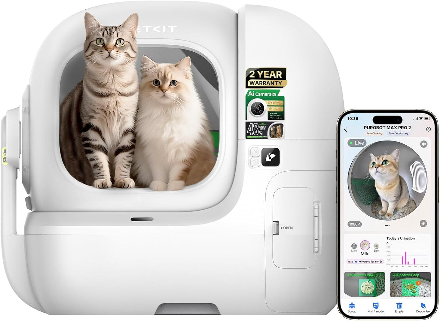 PETKIT 2025 Purobot Max Pro 2 AI-Camera Self Cleaning Cat Litter Box, Extra Large Opening 210° Wide Angle Lens Cat Facial Recognition Automatic Litter Box with 5G WiFi App Control Odor-Free