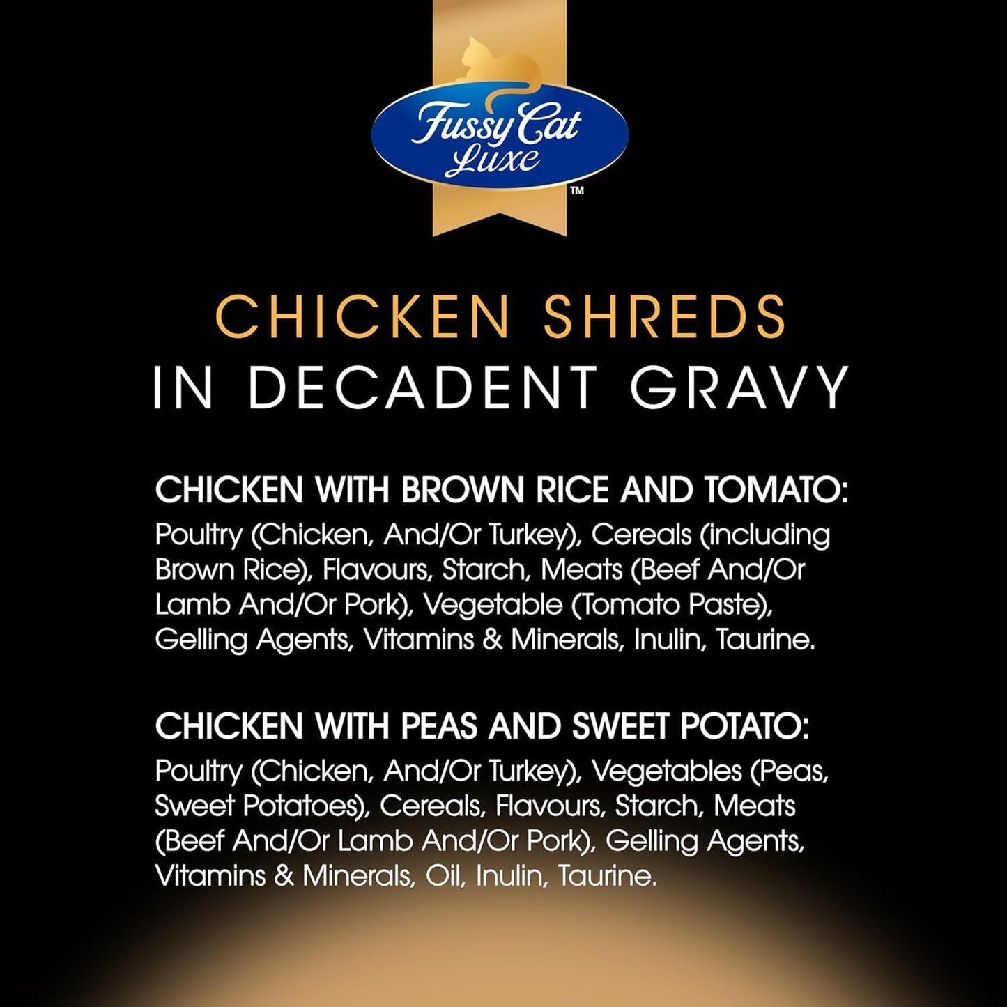 Fussy Cat Luxe Wet Cat Food, Chicken Shreds in Decadent Gravy 12x70g