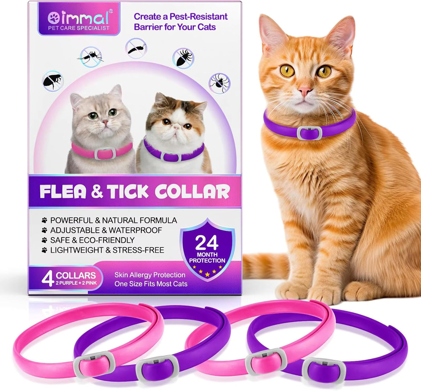 Cat Flea and Tick Collar | 24-Month Flea & Tick Prevention | Adjustable, Water-Resistant & Safe | Natural Ingredients | for Cats of | 4-Pack (Purple and Pink, Normal)