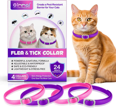 Cat Flea and Tick Collar | 24-Month Flea & Tick Prevention | Adjustable, Water-Resistant & Safe | Natural Ingredients | for Cats of | 4-Pack (Purple and Pink, Normal)