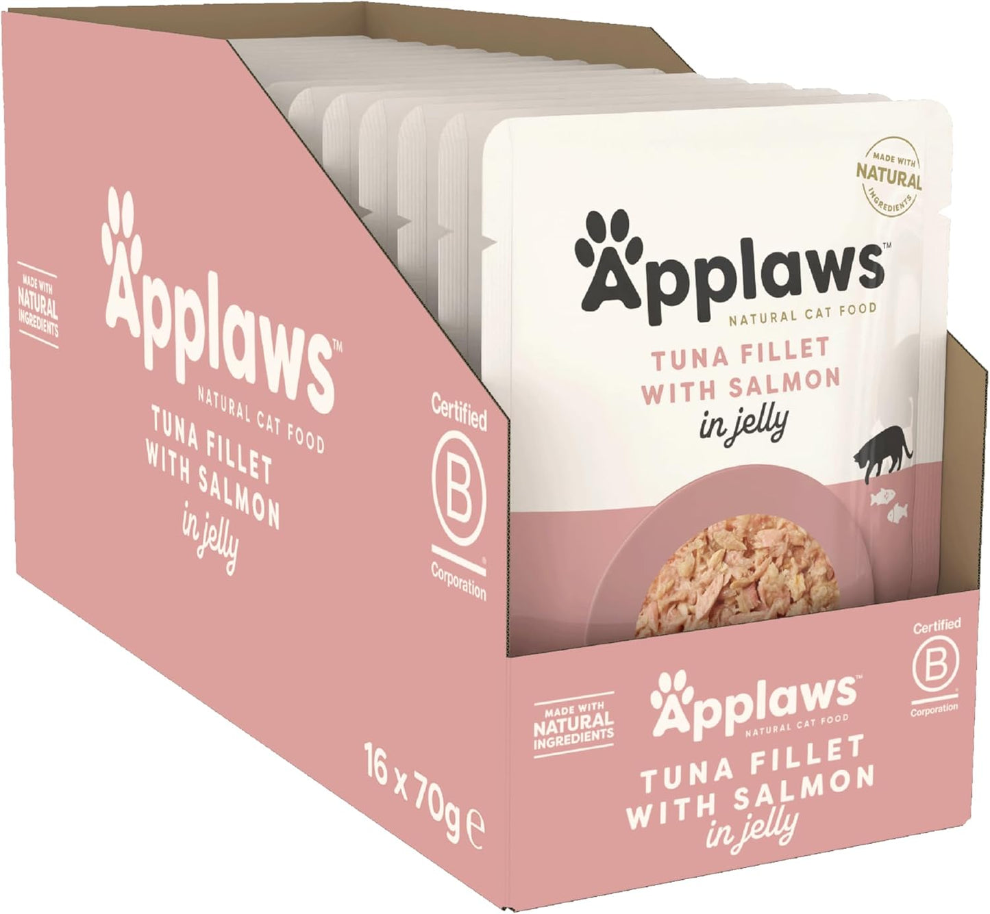 Applaws 100% Natural Wet Cat Food Tuna Fillet with Salmon in Broth, Limited Ingredients Pet Food 70g Pouch (Pack of 16)