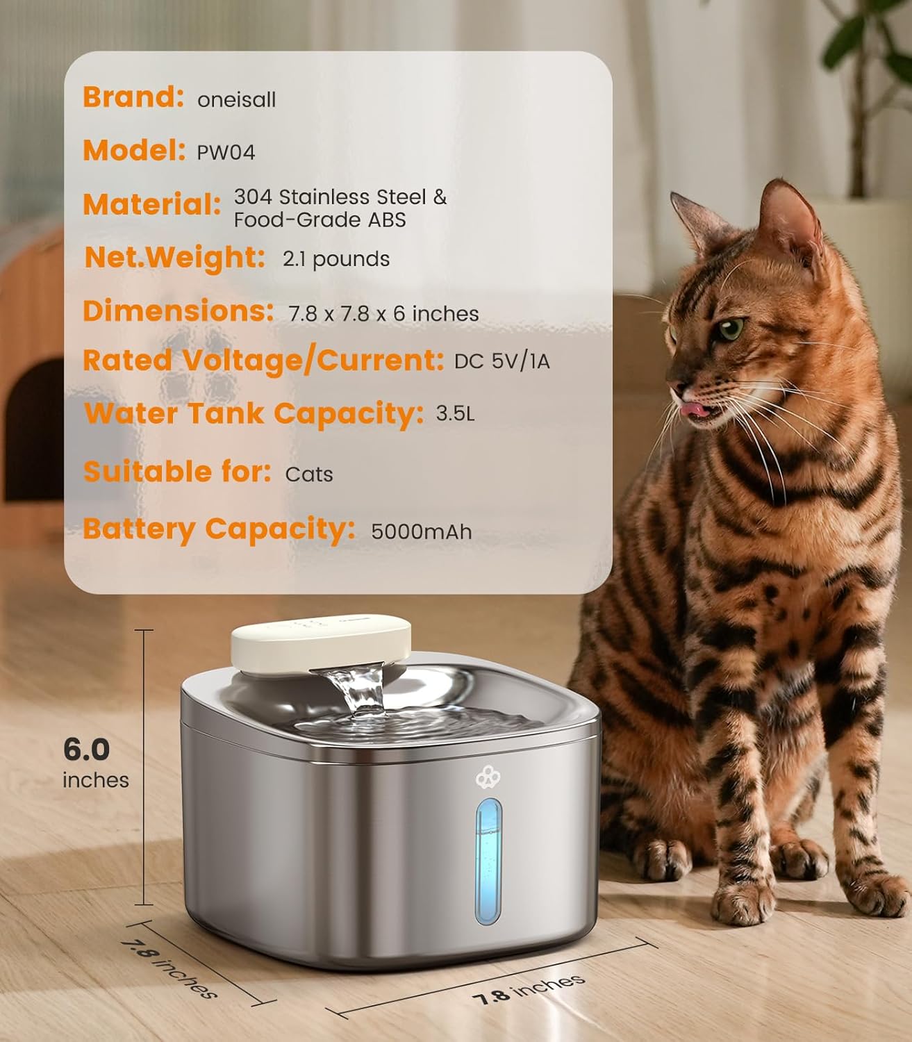 oneisall Wireless Cat Water Fountain, 3.5L/118oz Battery Operated with Motion Sensor