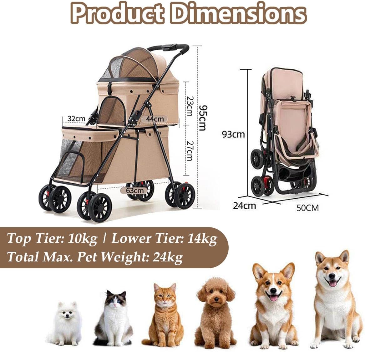 Double Layer Pet Stroller Cat Dog pram, Lockable Wheels Carriers, Foldable for Storage, for Small Medium Sized Pets, Simple Assembly (Brown)