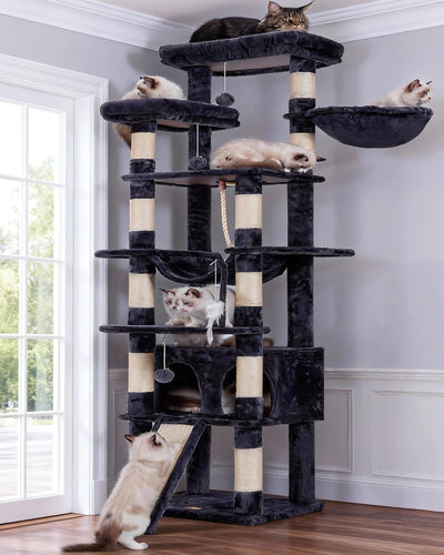 Heybly Tall Cat Tree, 78-inch Multi-Level Cat Tower for Indoor Cats, 2 Widened Plush Perches Cat Condo with Scratching Board and Big Caves, Smoky Gray HCT033G