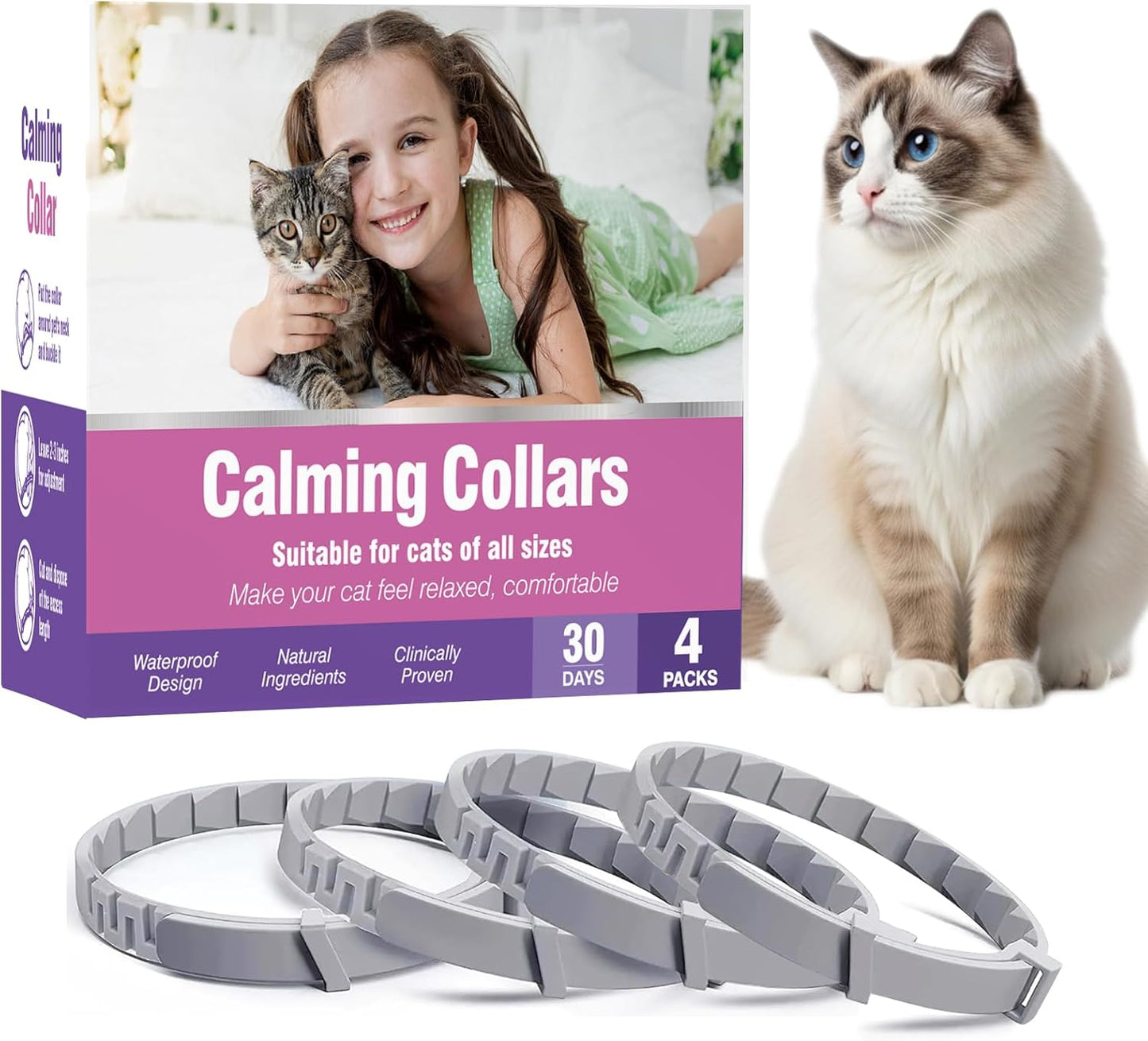 Calming Collar for Cats 4 Pack Soothing Cat Collars Stress Relief Anxiety Pheromone Collar for Cat Relaxing Pet Calm Bands Adjustable Comfort Cats Calming Straps Lasts 30 Days Feline Calming Product