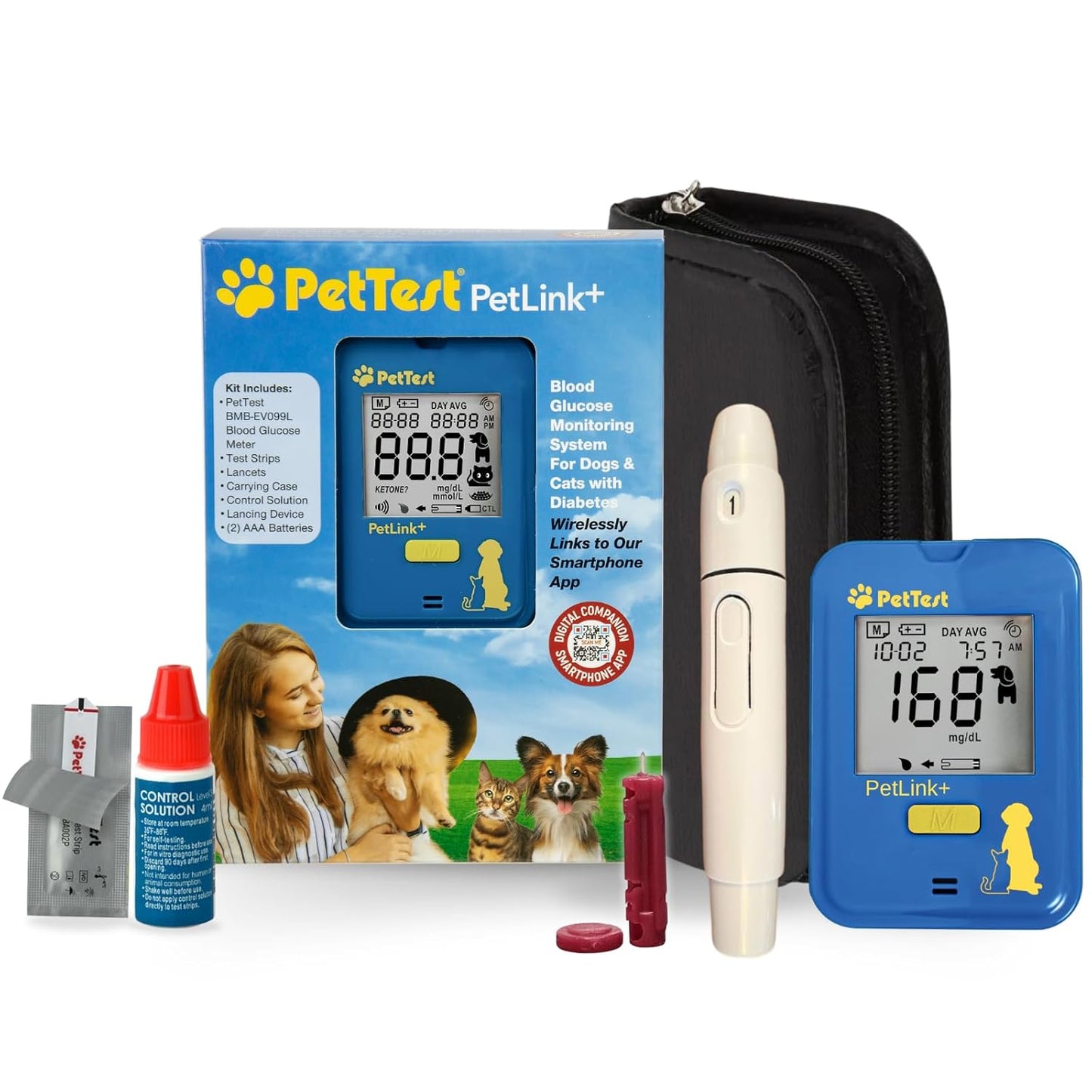 PetTest Expert Glucose Monitoring Kit for Dogs & Cats, Diabetic Pet Blood Sugar Check Gear, Includes Wireless PetLink+ Meter, 25 Test Strips, Lancing Device, 25 Lancets, Soft Carrying Case, and More