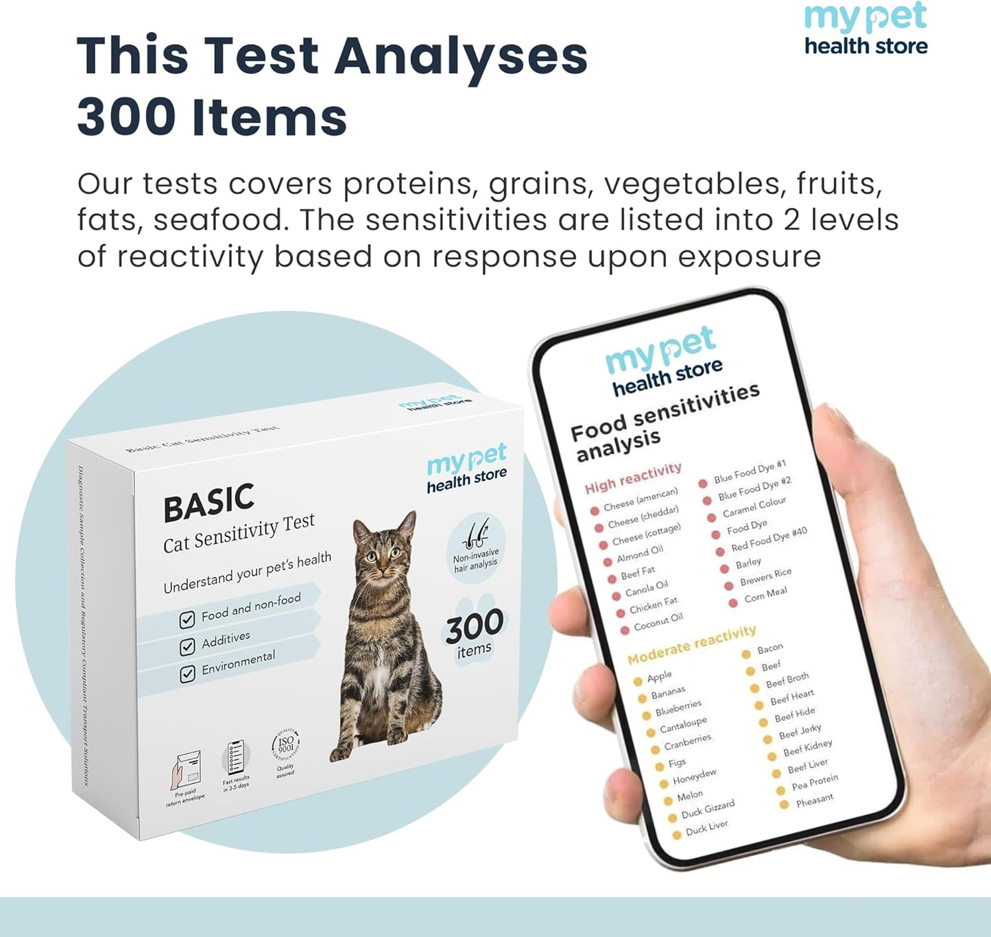 My Pet Health Store Allergen Sensitivity Test - Home Cat Allergen Test | 300 Items | Fast 3-5 Day Results | Gentle Fur Sampling | Comprehensive Food & Environment Analysis | Suitable for All Cats