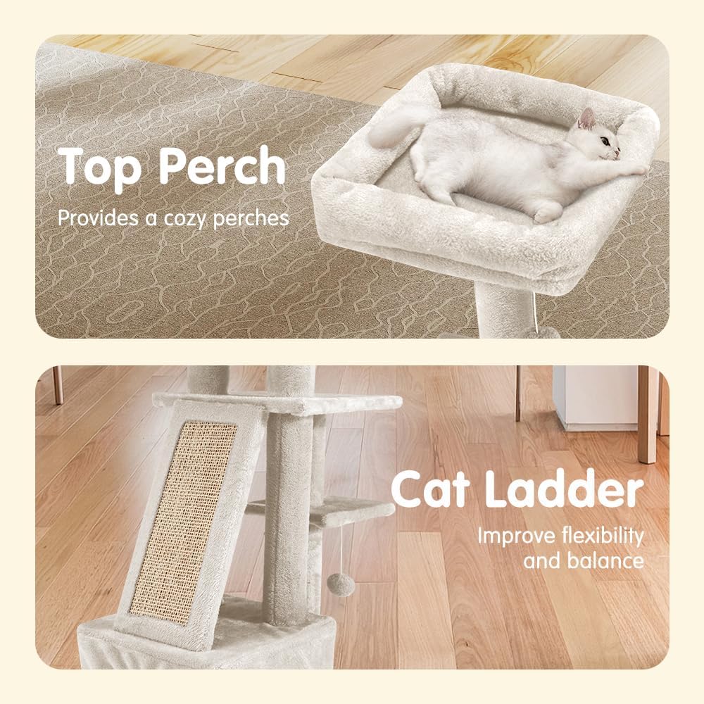 Petzly Cat Tree, 125cm Cat Tower for Large Cats Indoor, Multi-Level Cat Condo with Cat Ladder