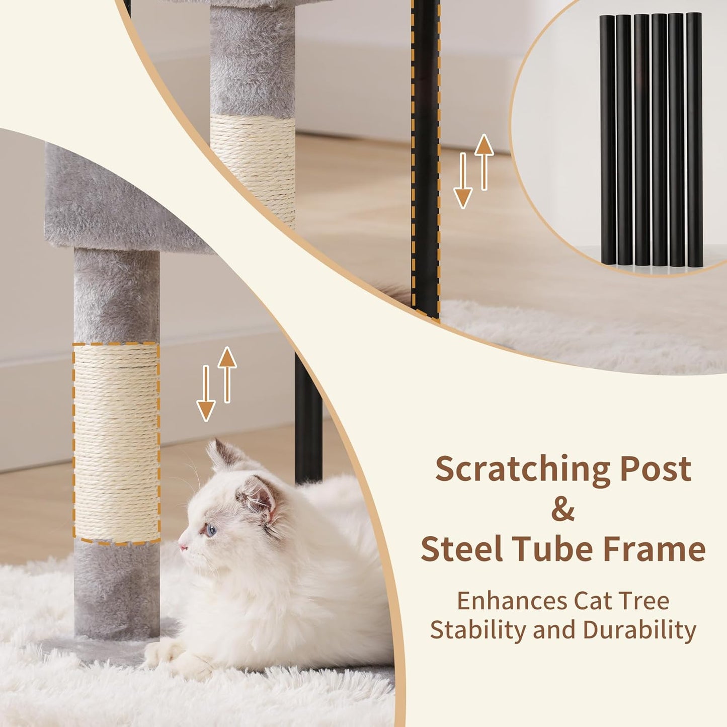 Heybly HCT200SW Cat Scratching Post, 125 cm, Small Cat Tree, Spacious and Comfortable Scratching Post with Cave