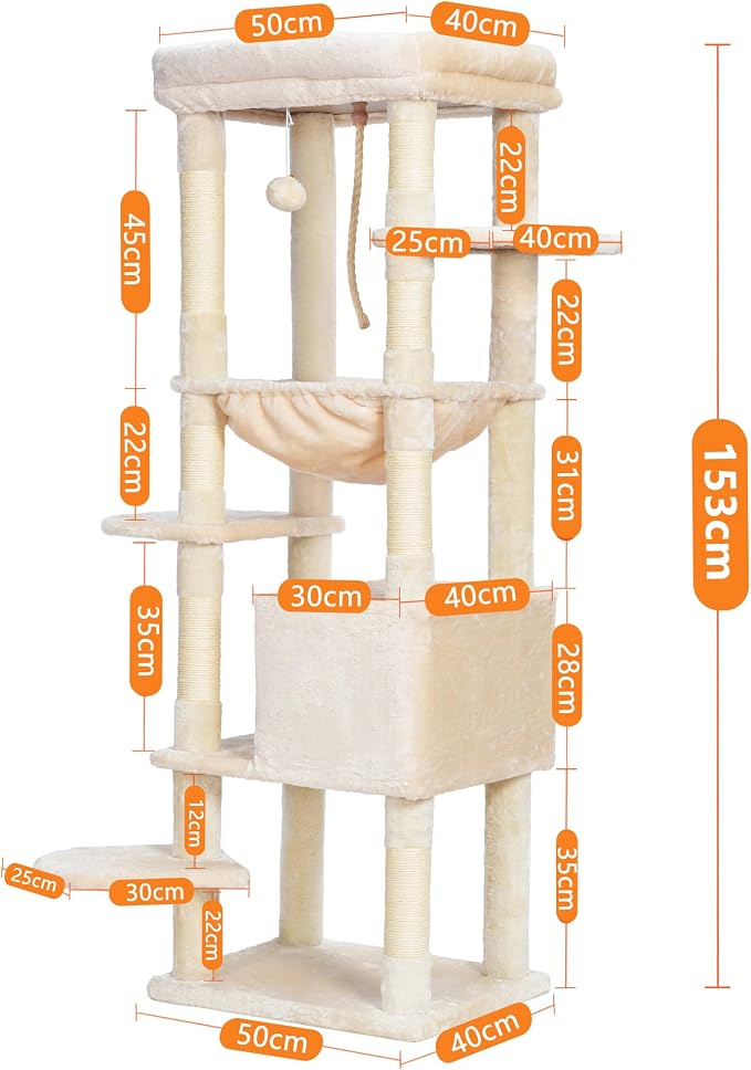 Heybly HCT050M Beige Cat Scratching Post with Blankets for Large Cat Scratching Post Large Platforms Cave 50 x 50 x 153cm