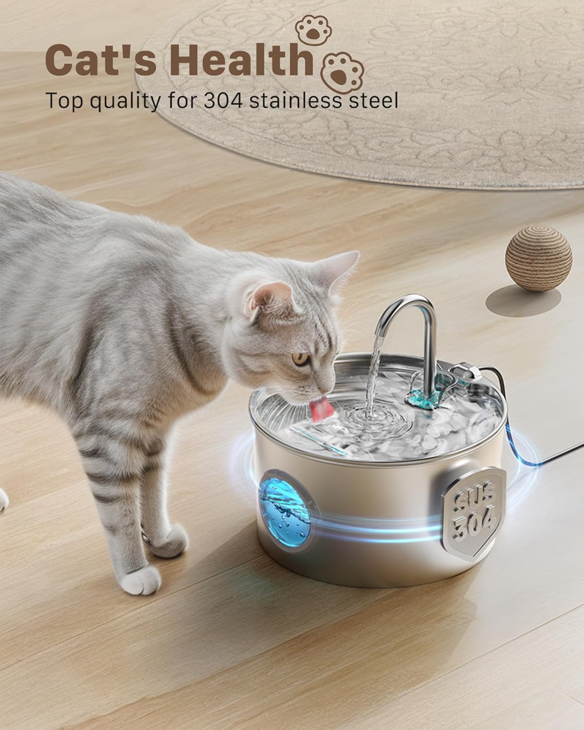 Cat Water Fountain Stainless Steel: 74oz/2.2L Cat Fountain for Drinking