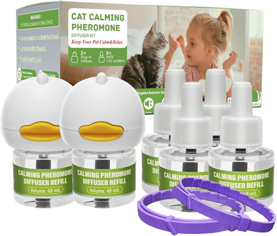 Cat Calming Diffuser Plug in Kit - 6 Pack Pheromone Diffuser for Anxious Cats, Anti-Stress & Comforting Solution with 2 Diffusers & 6 Refills +2pcs Calming Collar