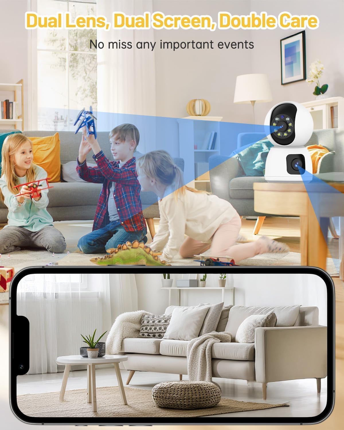 Indoor Security Camera Dual Lens, 2K Pan/Tilt Baby/Dog/Pet Camera with Phone app